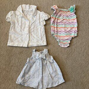 Baby Girls lot of 3 - onsie, dress, eyelet top, size 0-6 months